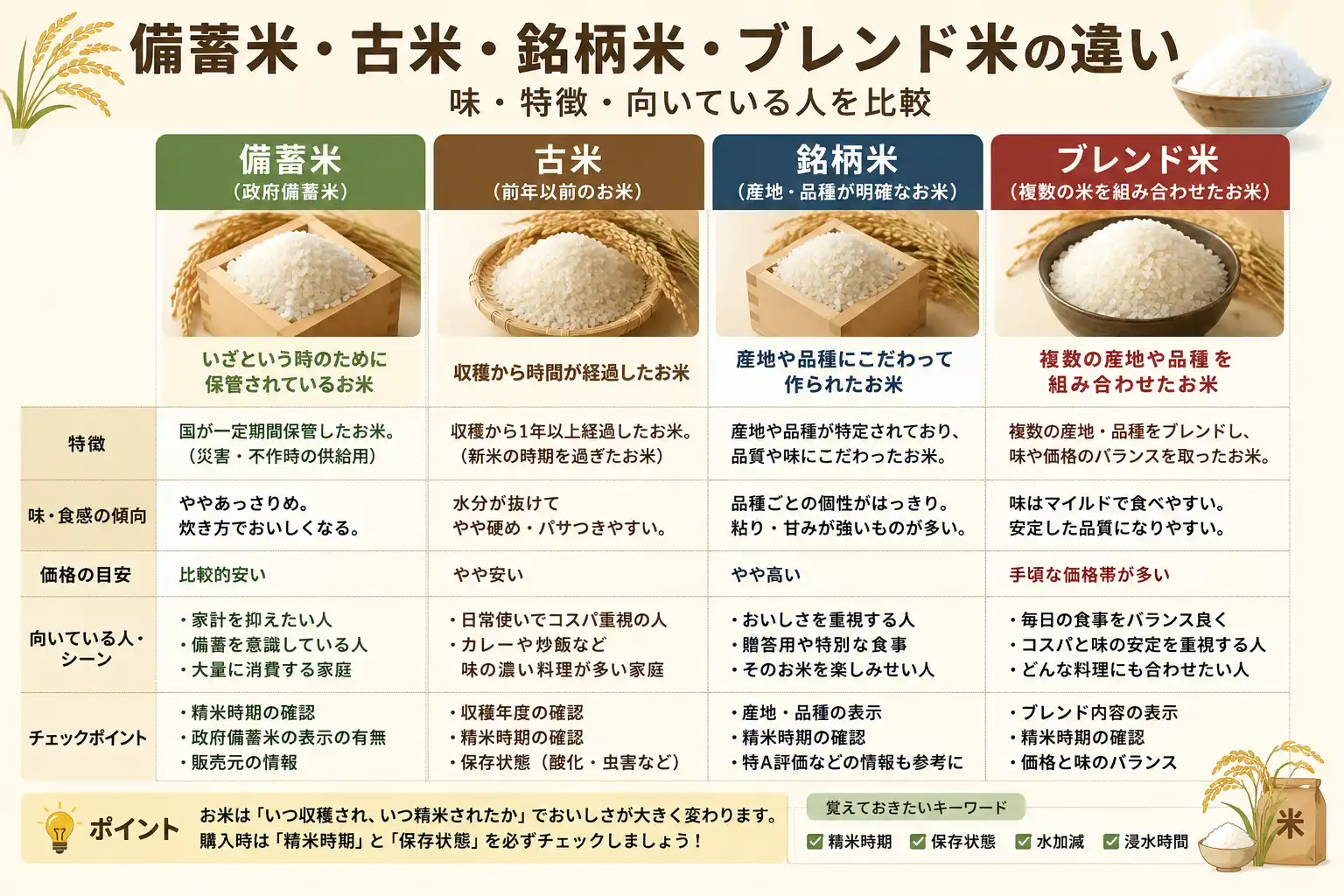 備蓄米、古米、銘柄米、ブレンド米の違いを整理したイラスト