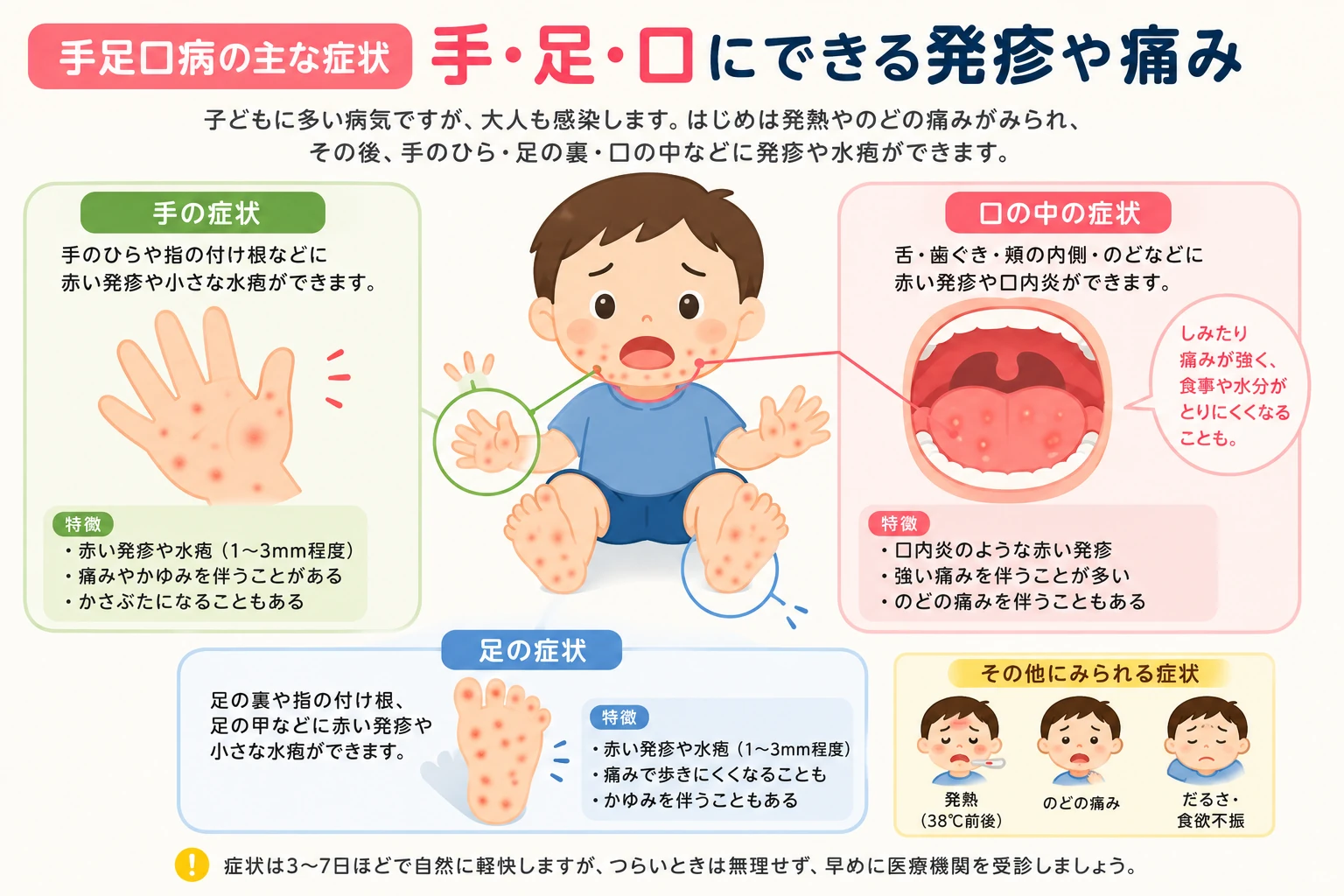 手足口病で症状が出やすい場所を示した図解