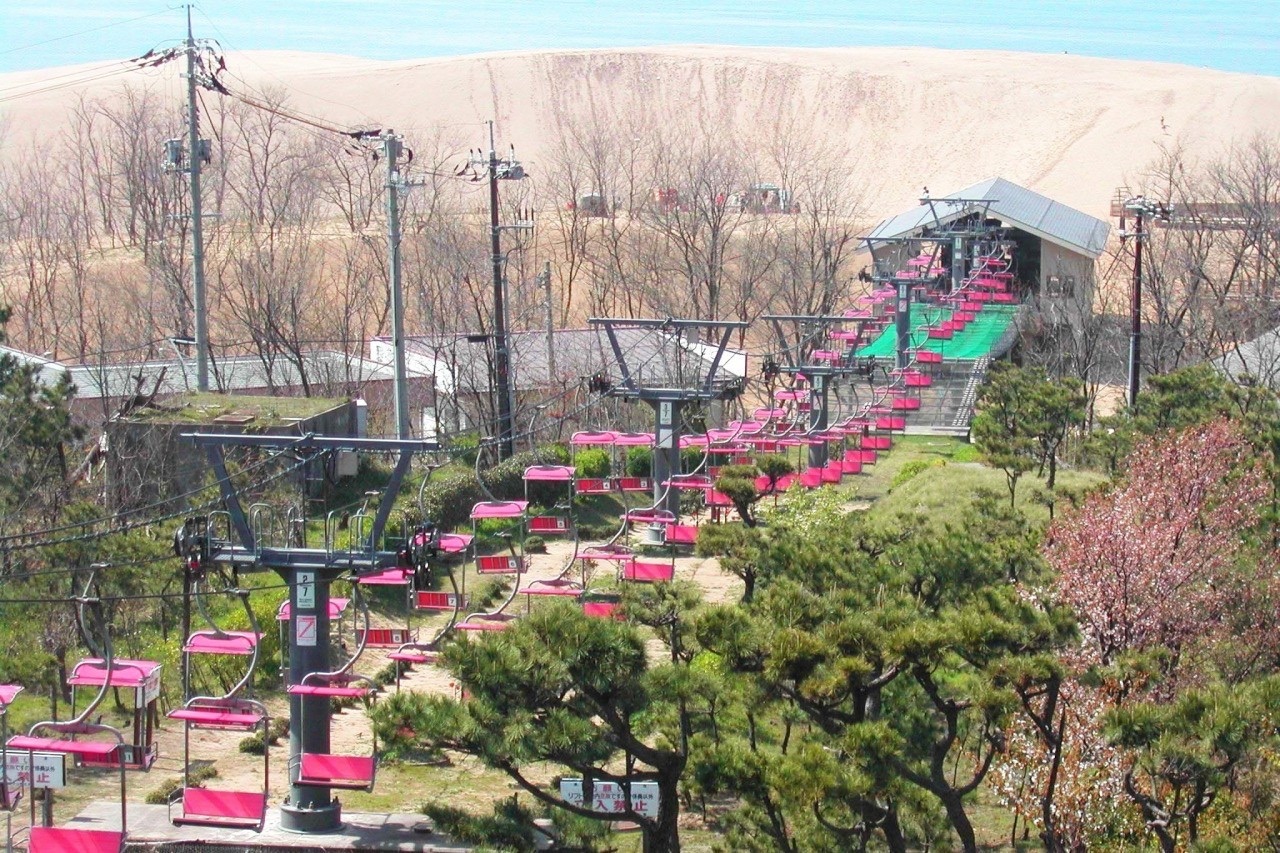 鳥取砂丘リフトと松林の風景
