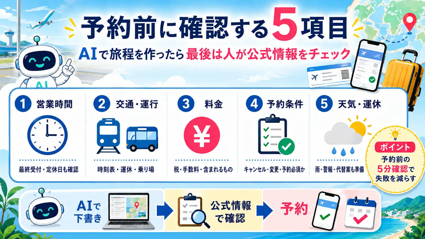 生成AIで旅行計画を作った後に確認する予約前チェックリストの図解