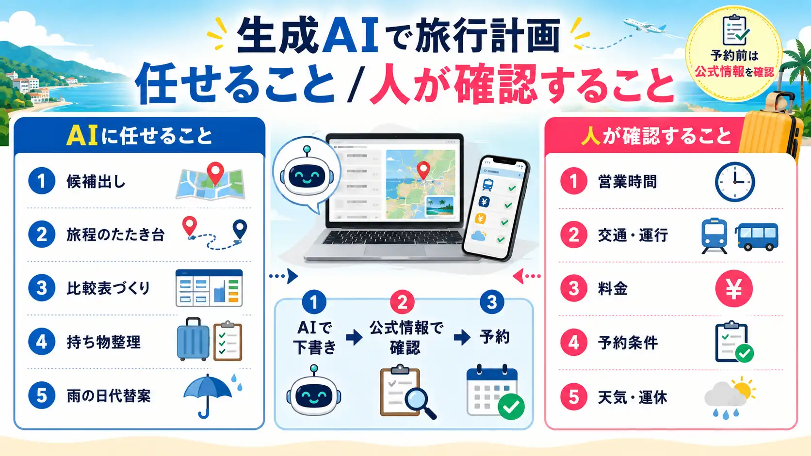 生成AIに任せる旅行計画と人が確認する予約情報の役割分担図
