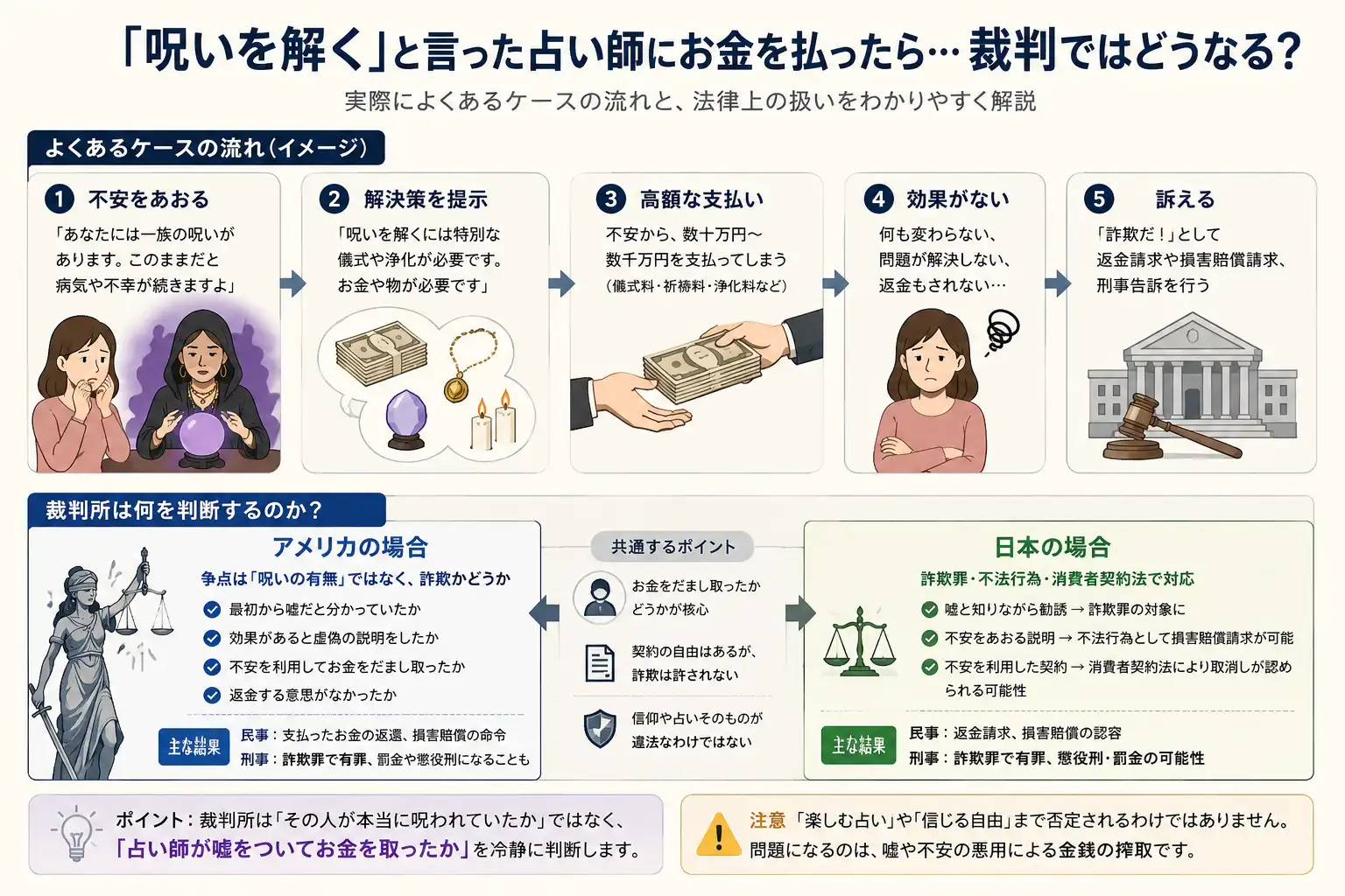 占い・霊能者詐欺でよく見られる典型的な流れ。